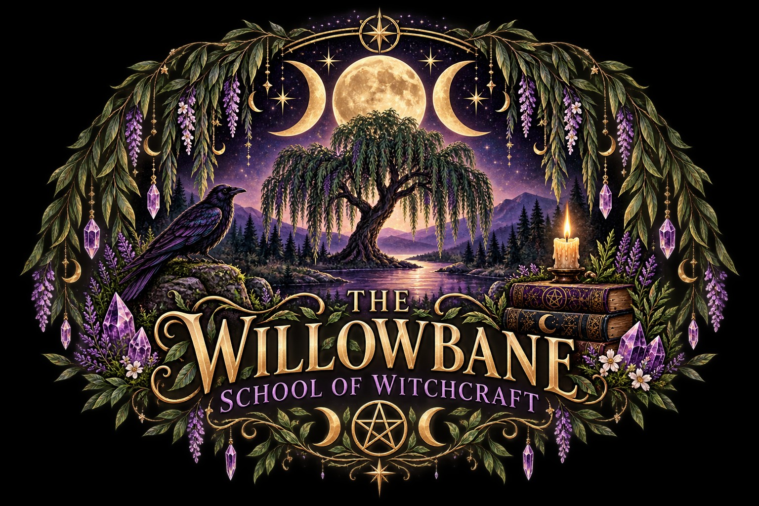The Willowbane School of Witchcraft emblem and botanical artwork